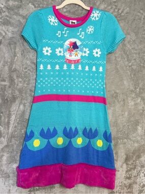 Poppy Trolls Dress with Fur Trim Blue Pink Sweater Knit Size XL (14-16)